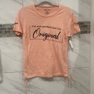 On Fire “I’m Not Perfect But I’m Original” Peach Pink Ruched Tie Shirt Size M